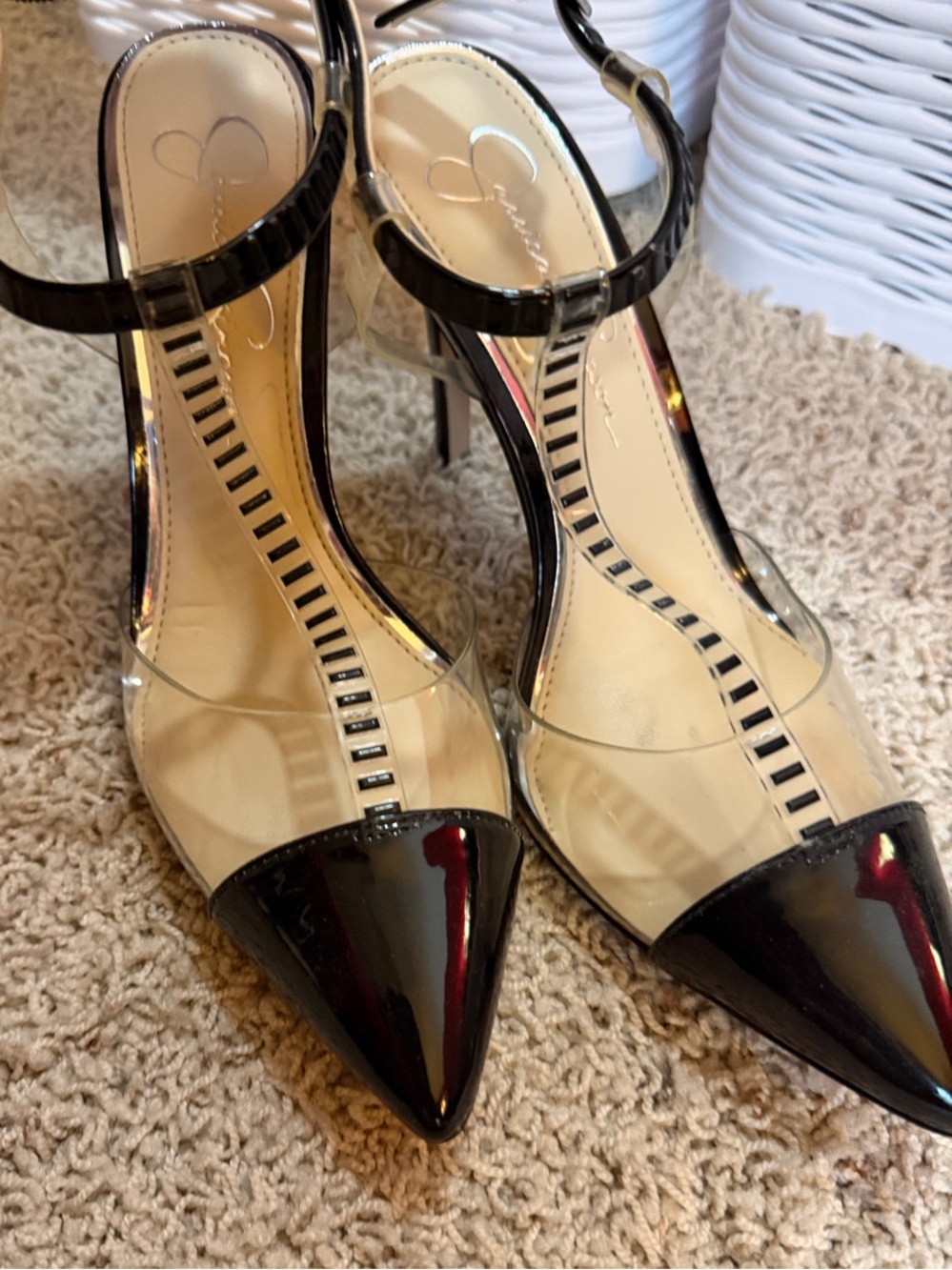Jessica Simpson Black Patent Pointed Toe Clear Panel Ankle Strap Heels